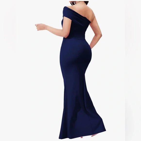 Cute Cherry women’s Navy Blue Off-Shoulder Evening Dress. - Picture 3 of 4
